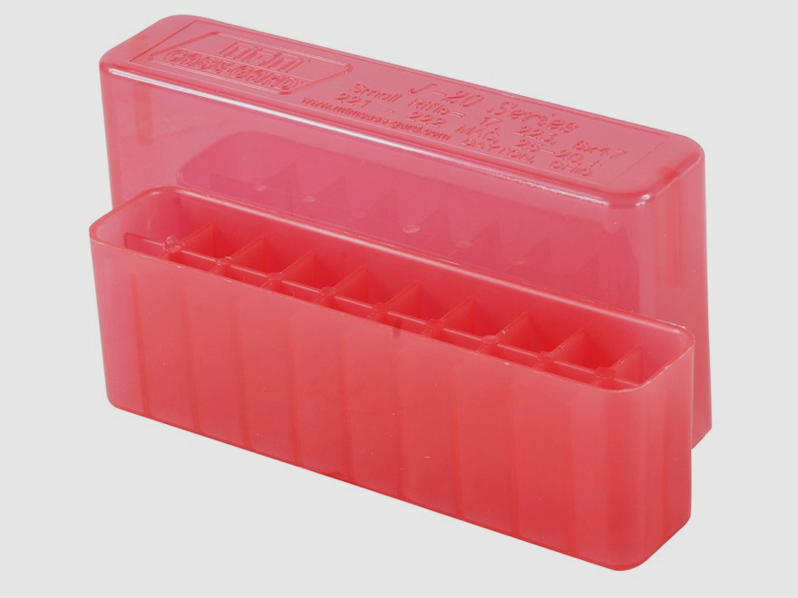 Caja de cartuchos MTM J-20-XS-29 roja transparente con tapa para 20 cartuchos .17 y menos