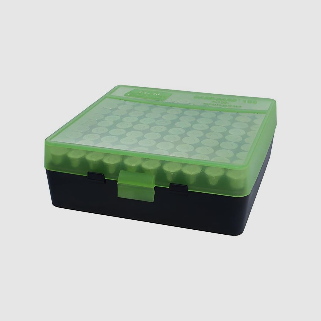 Boite de rangement MTM 100 munitions cal 9×19/380 acp noire et verte transparente, image 3 sur 3