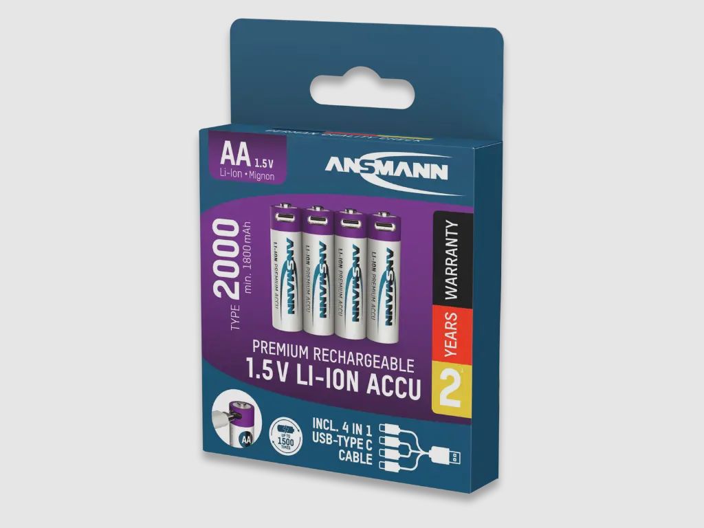 Pacco da 4 batterie AA Li-Ion Ansmann con cavo di ricarica