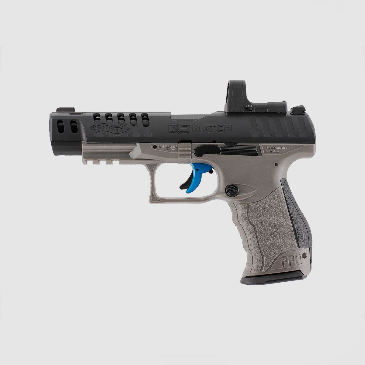 CO2 PISTOL – UMAREX – WALTHER Q5 MATCH COMBO 5″ Set 4.5 mm (.177) Pellet, CO₂, < 3.0 J, Tungsten Gray, image 1 of 7