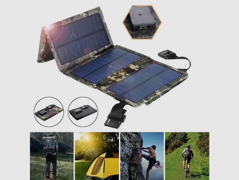 Pequeño panel solar plegable con conexión USB de 10-20 vatios en camuflaje digital verde