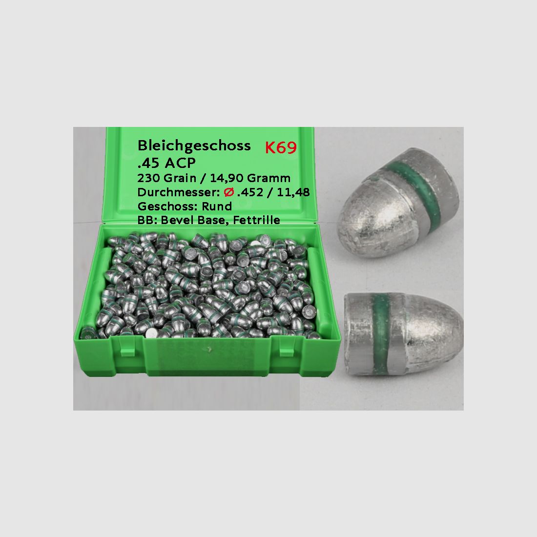 .45 ACP: 500 Stück Ø .452 11,48mm 230 Grain 14,90 Gramm Bleigeschoß RN BB Fettrille Balleurope K69