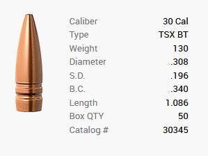 Proyectil Barnes .30/.308 130GR TSX BT 50 piezas