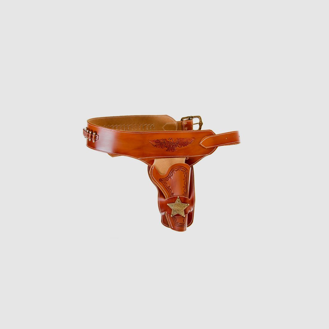 braunes Western GĂĽrtelholster aus Leder inkl. 24 passender Patronen und Sheriff Stern, LĂ¤nge 130 cm
