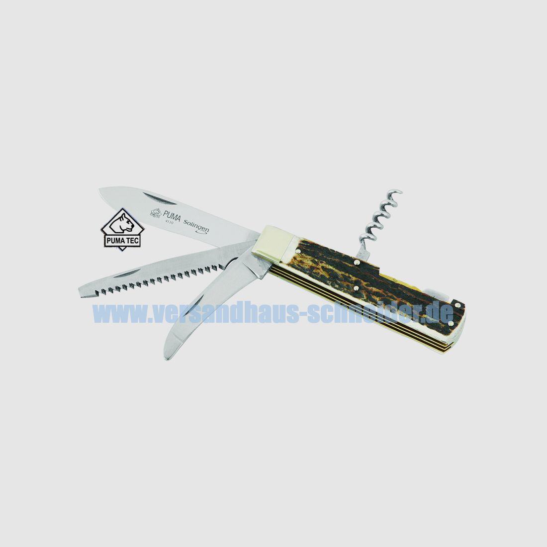 Puma TEC Jagd-Taschenmesser, 4-tlg., Stahl 1.4110, Hirschhorn, Neusilberbacken