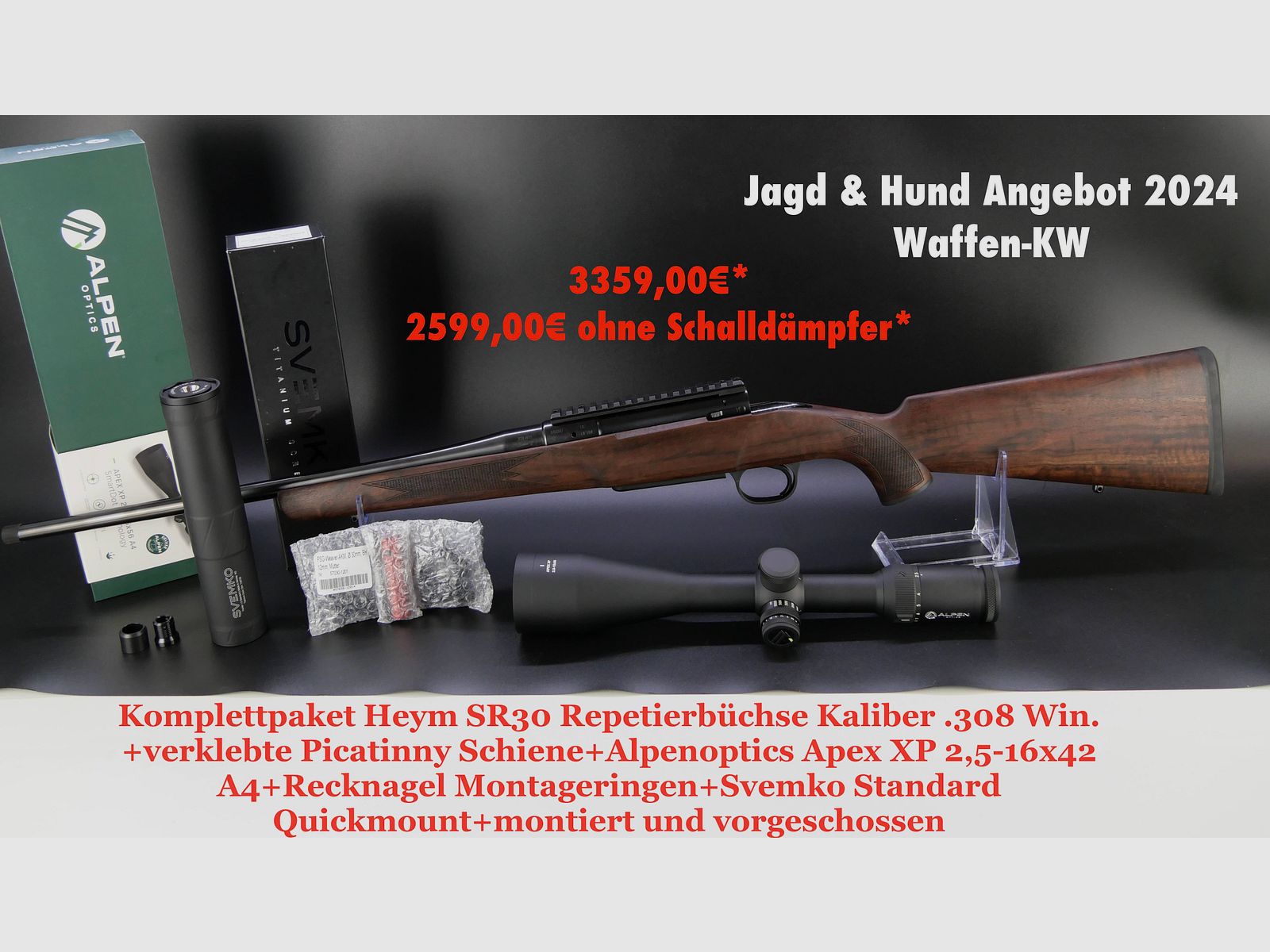 Jagd und Hund 2024 Komplettpaket Heym SR30 Repetierbüchse 308 Win. + Zielfernrohr+Schalldämpfer