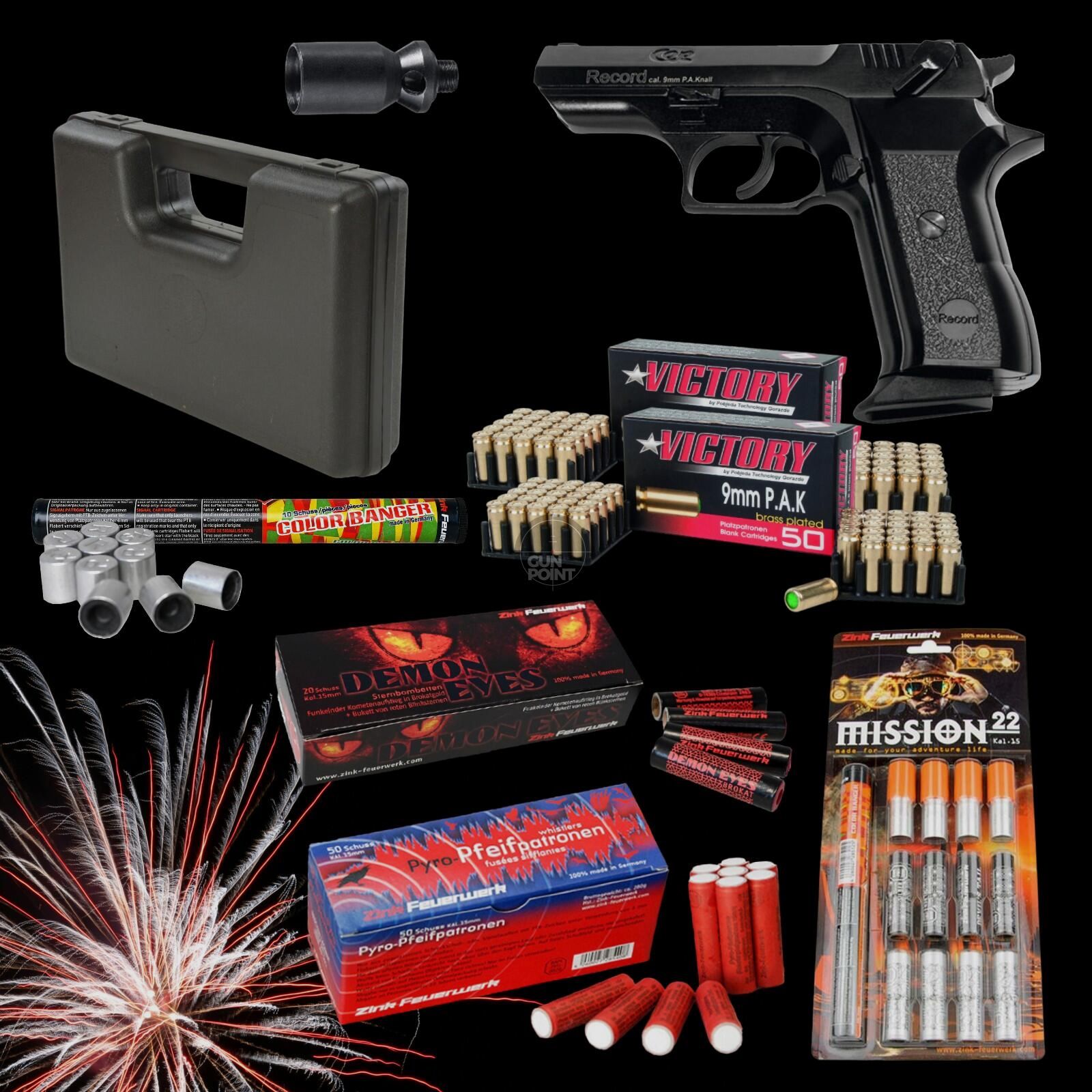 SILVESTER MEGASET !!! Schreckschuss - Pistole - RECORD Modell COP. - 9 mm P.A.K. inkl. Koffer, 100 Platzpatronen & 102 Schuss Effektmunition