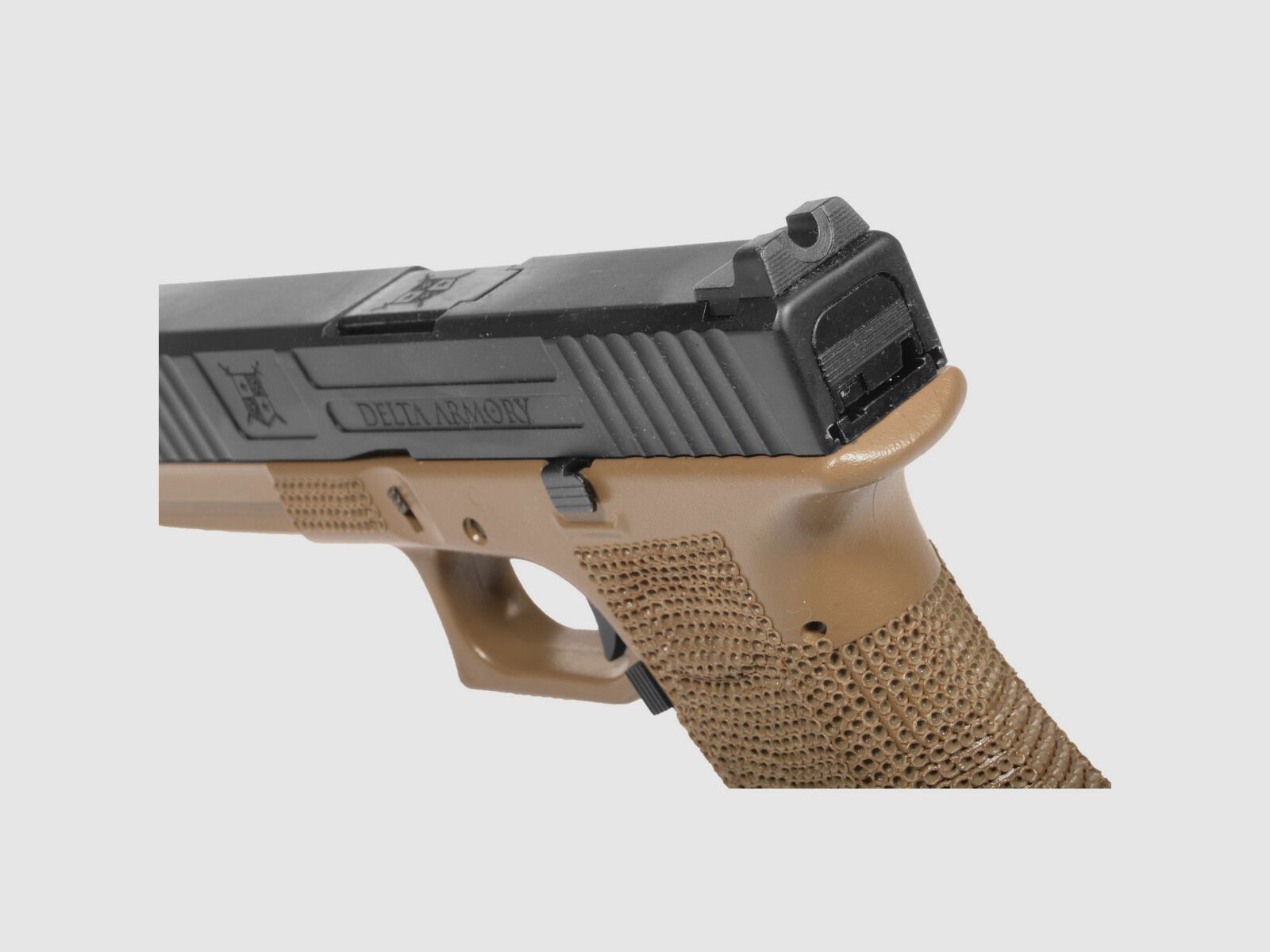 P04 GBB Airsoft Pistol with Grip Stippling in Tan | Delta Armory