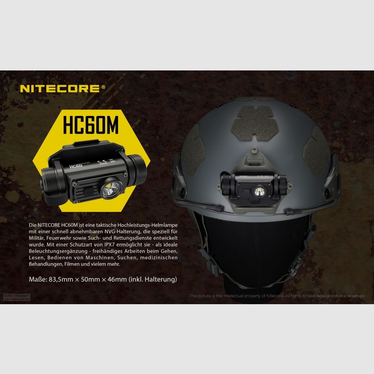 Nitecore HC60M headlamp HC60M 1000 lumens including battery and NVG mount