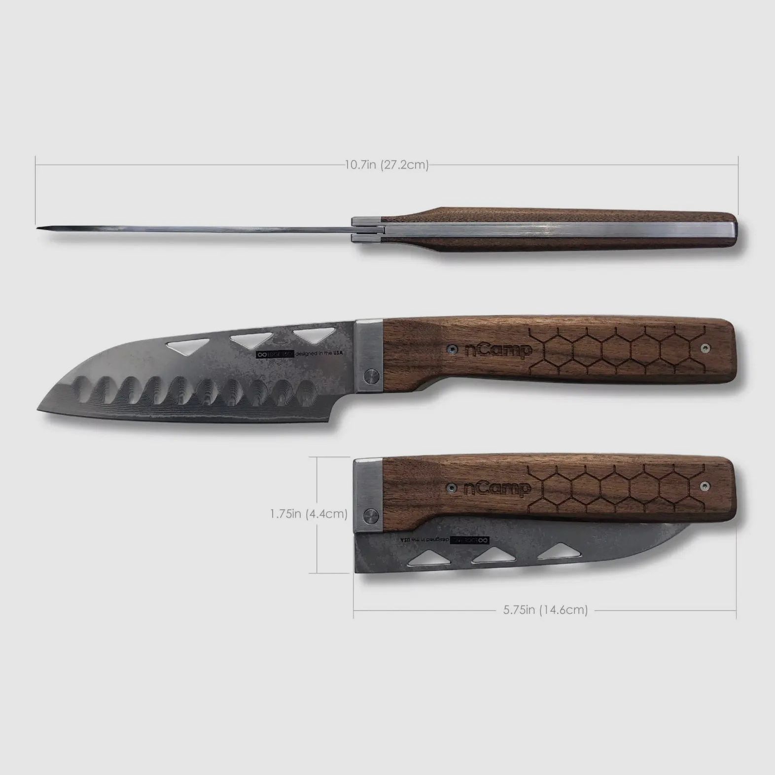 nCamp Elite Santoku-Style Food Prep Knife (Damastklinge/Walnussholzgriff) mit Lederetui