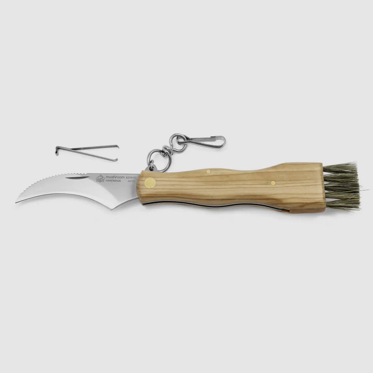 PUMA IP mushroom knife with brush, tweezers and carabiner, olive wood