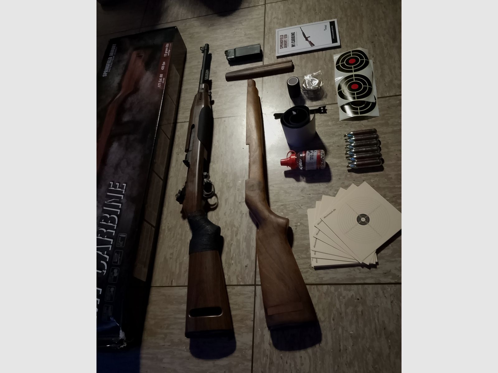  fucile ad aria compressa co2 m1 carbine Springfield 4,5mm .177 + accessori calcio in legno bersagli pallini in acciaio bb's set calcio in legno 30m1 