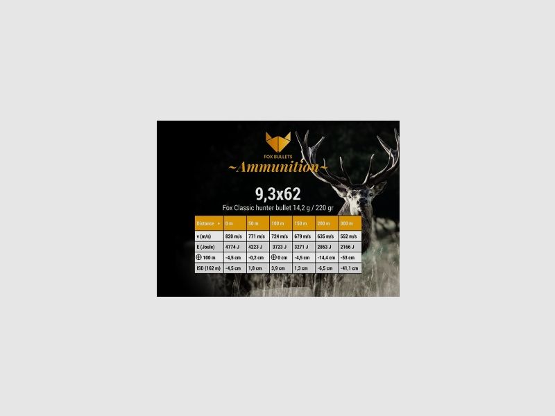 Fox Bullets Classic Hunter 9,3x62 220g bleifreir / 14,2g bleifrei 20 Patronen