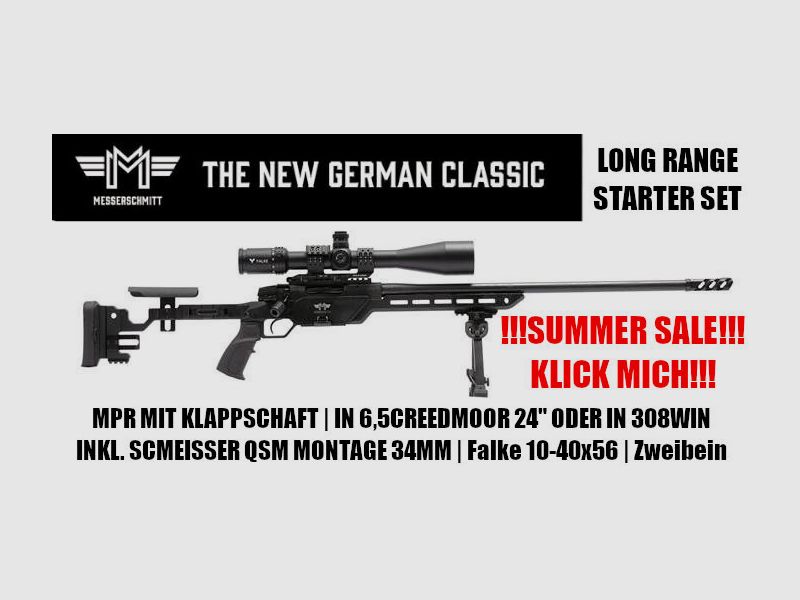 Messerschmitt MPR Repetierbüchse mit Klappschaft 6,5Creedmoor Long Range	 SOMMERSET mit Falke 10-40x56 + Schmeisser QSM Montage + Zweibein