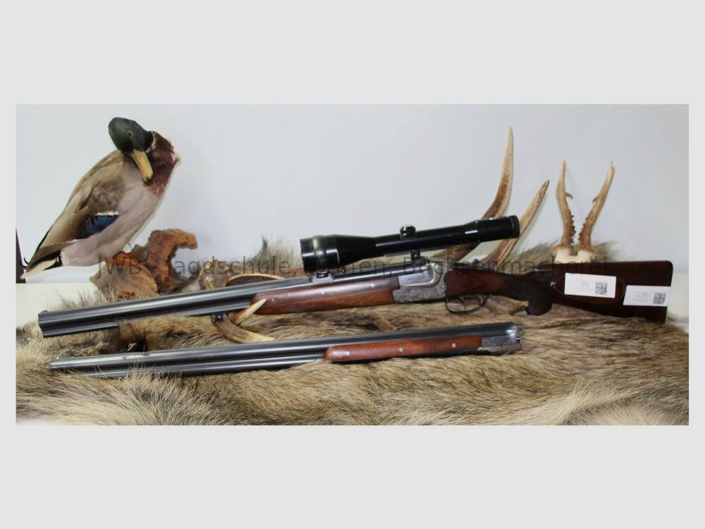 Merkel double-barreled shotgun with interchangeable double-barrel and variable sight 12/70; 7x57R