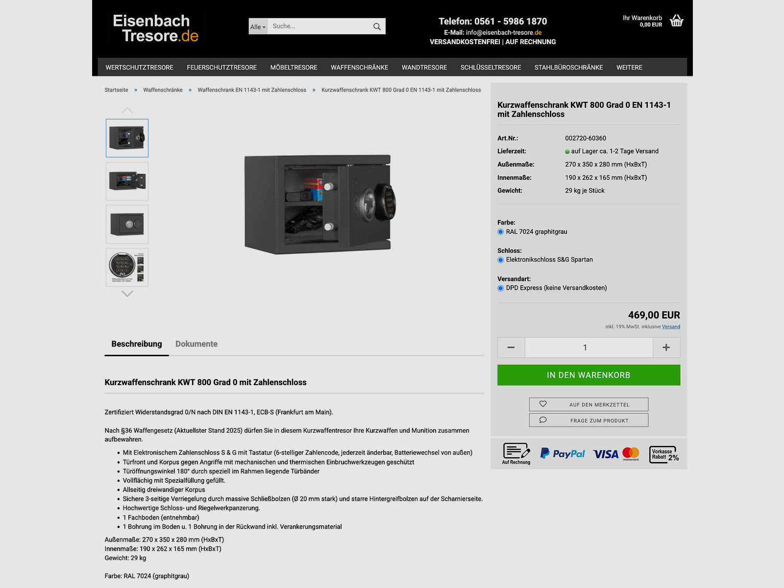 Zahlen Schloss KWT 800 Waffenschrank Kurzwaffenschrank EN 1143-1
