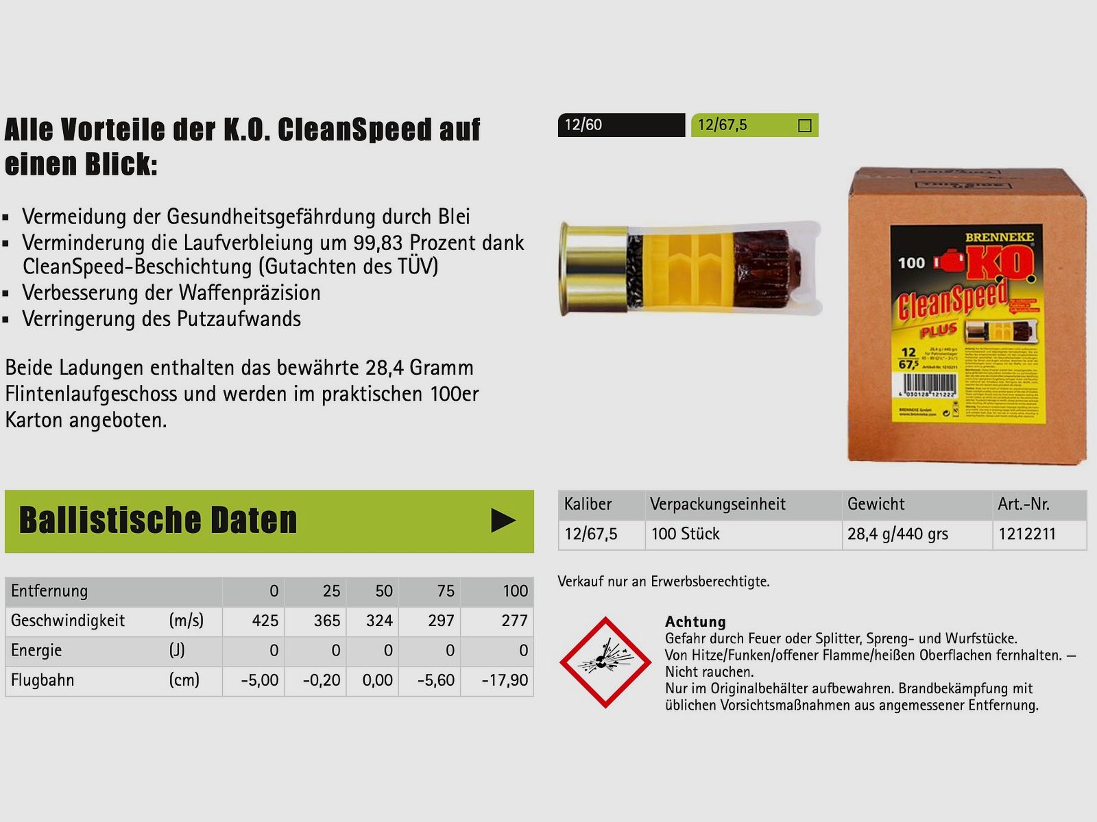 Brenneke 2004958 K.O. CleanSpeed Plus für Selbstladeflinten 28,4g 12/67,5 Flintenlaufgeschoss