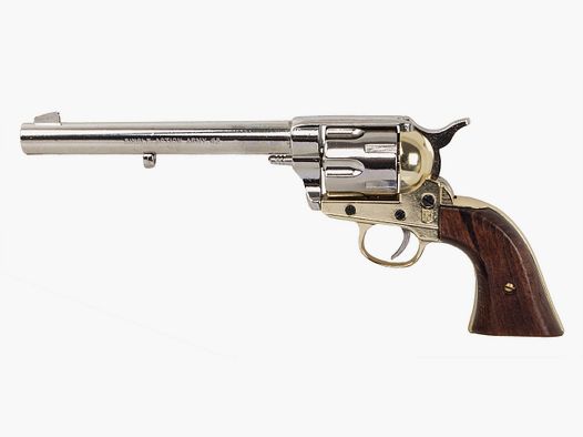 Deko Revolver US Kavallerierevolver Kolser Colt SAA .45 Peacemaker USA 1873 6,8 Zoll nickel gold Griffschalen in Holzoptik