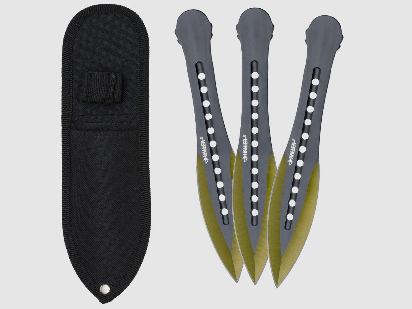 Set di coltelli da lancio 3 pezzi oro con custodia 185mm 65g