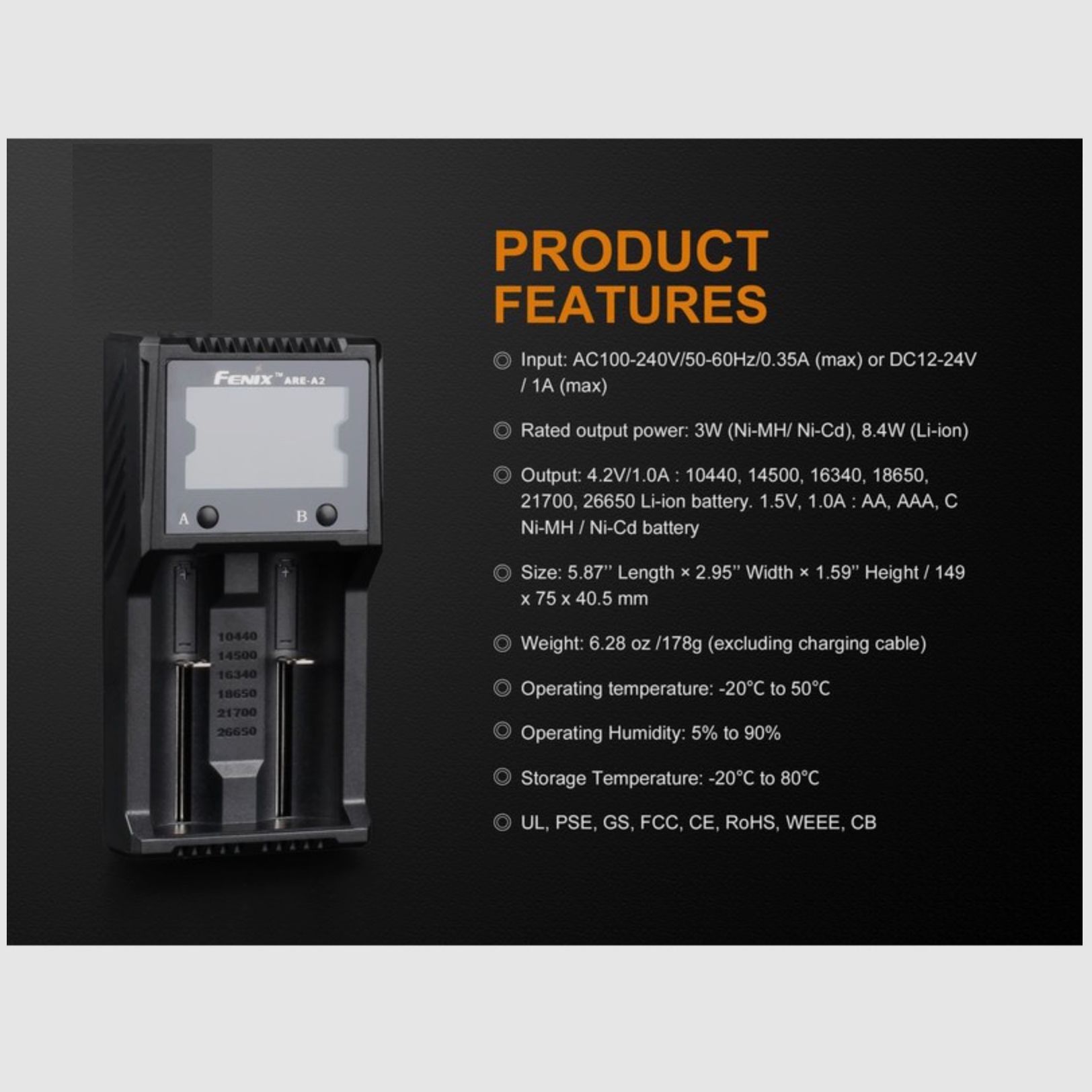 Fenix ARE-A2 Ladegerät für 18650 21700 LiIon Ni-MH