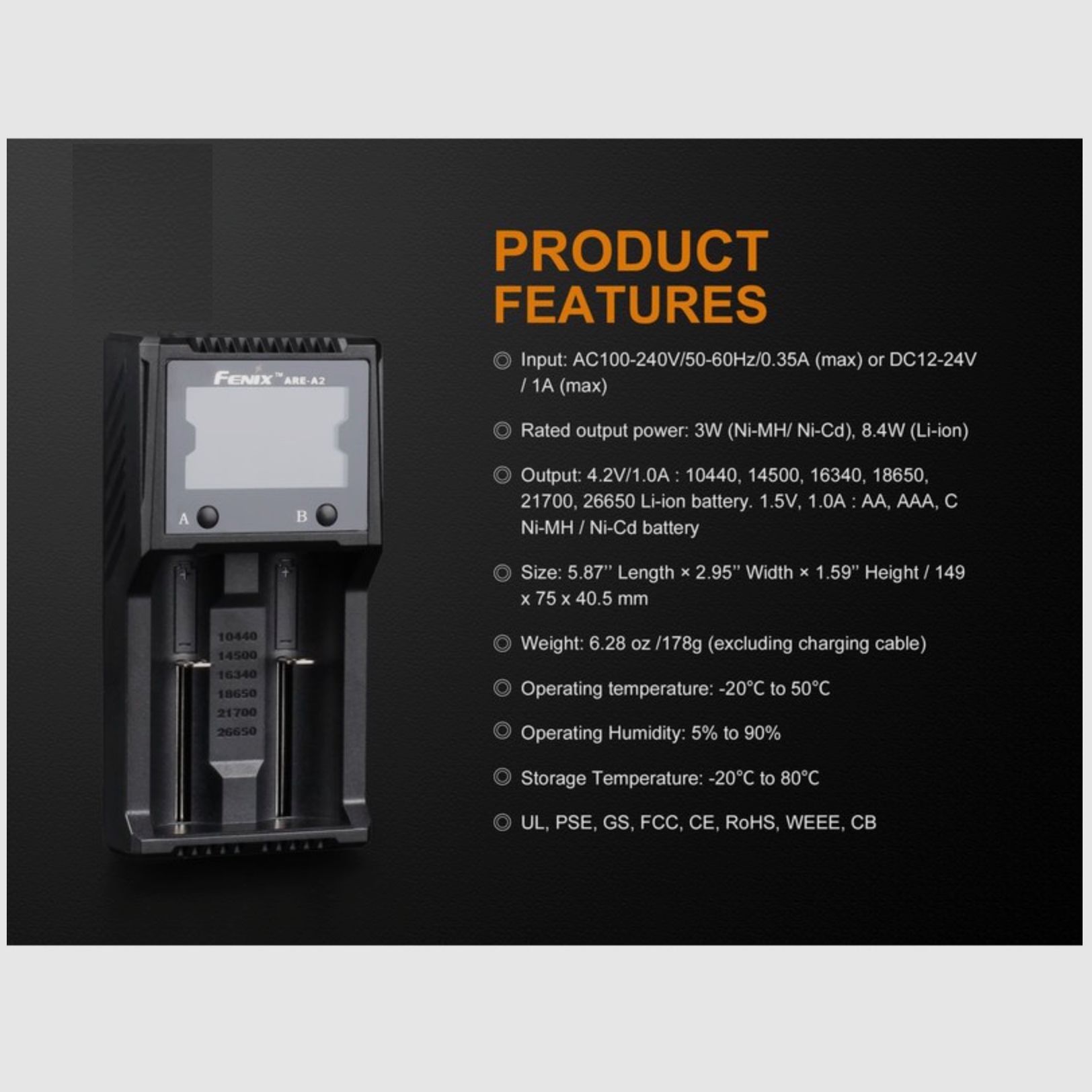 Fenix ARE-A2 charger for 18650 21700 LiIon Ni-MH