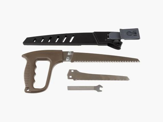 Handsäge mit 2 Sägeblättern + Scheide m. Gürtelclip + Schraubenschlüssel