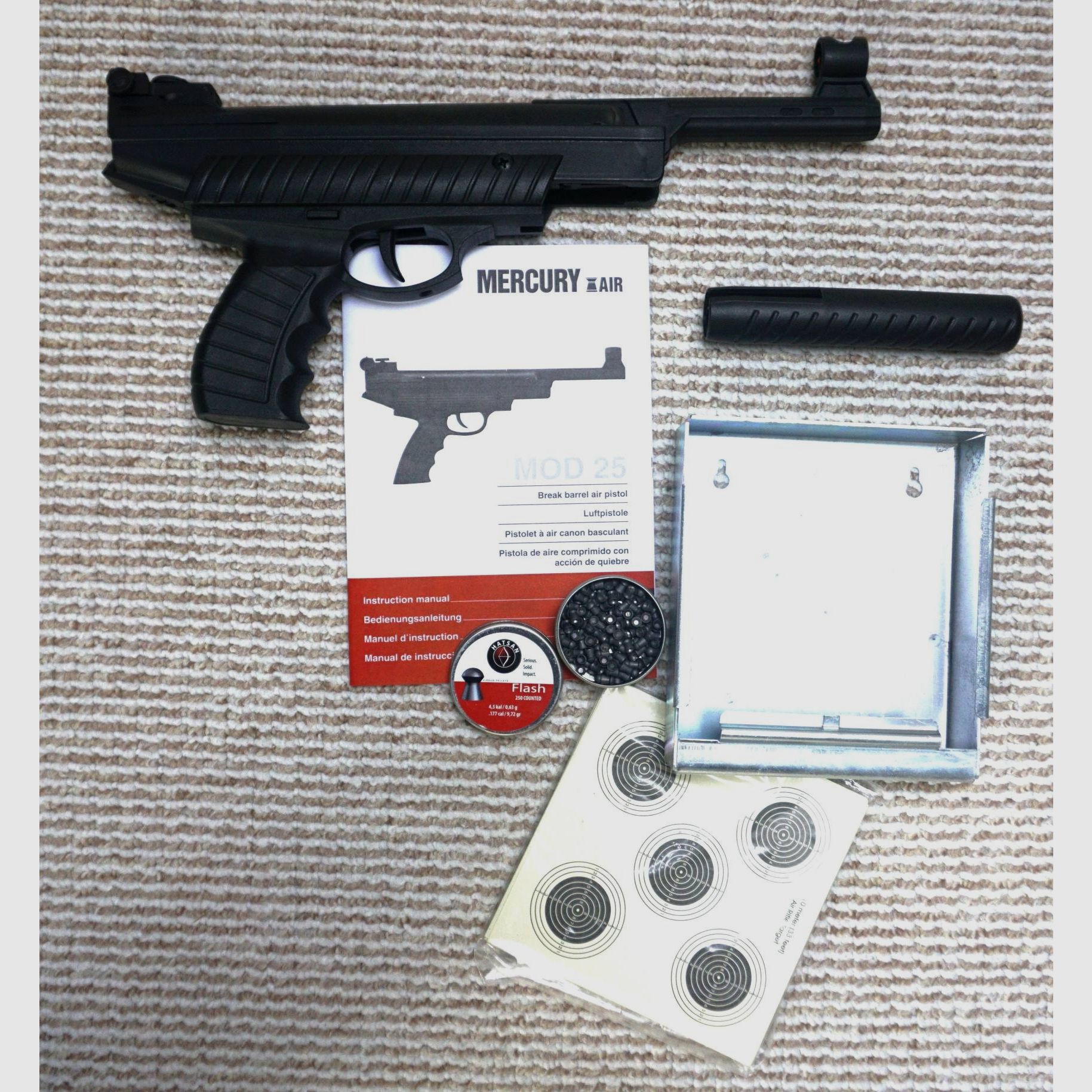 Luftpistole Mercury Air MOD 25 + Kugelfangkasten + Scheiben + Diabolos