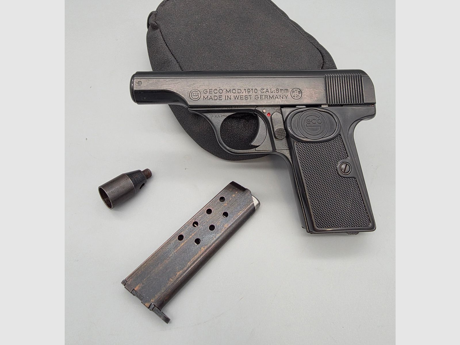 Muy raro coleccionista Geco Mod. 1910 cargador PTB 421 PAK 8mm detonación modelo Browning FN 1910