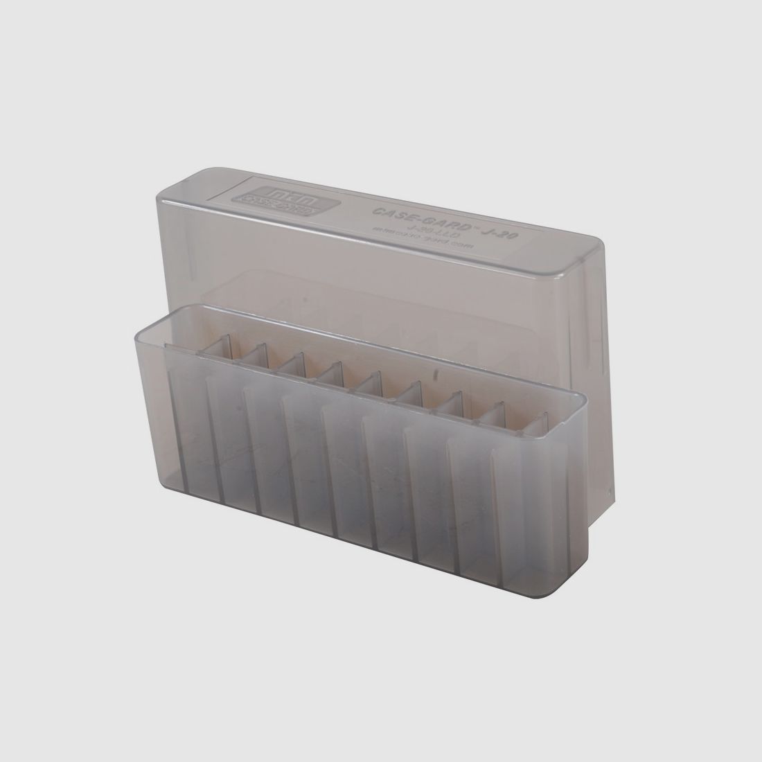 MTM scatola per cartucce J-20-LLD-41 trasparente con coperchio per 20 cartucce 7mm Rem. Mag. - .338 Win. Mag.