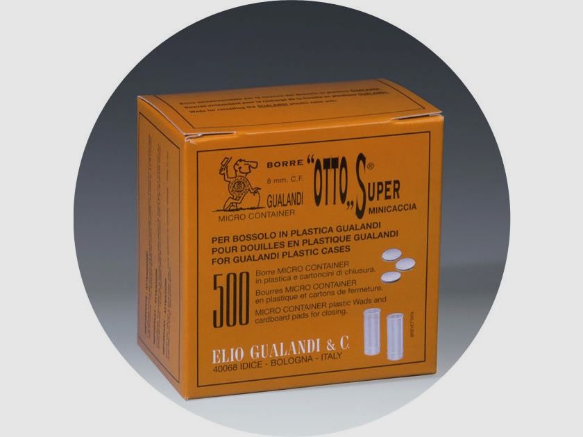 Gualandi – Borre Micro-Container con cartoncino Otto Super Minicaccia per bossoli in plastica – Cal. 8 mm, immagine 1 di 2