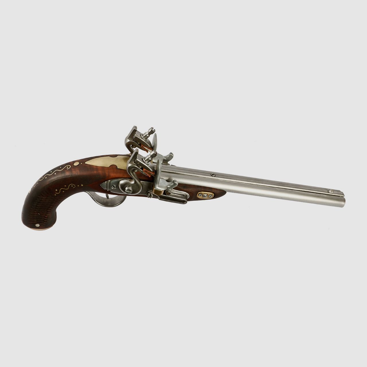 EinzelstĂĽck handgefertigte Deko Steinschloss Vorderladerpistole doppellĂ¤ufig LĂ¤nge 46 cm