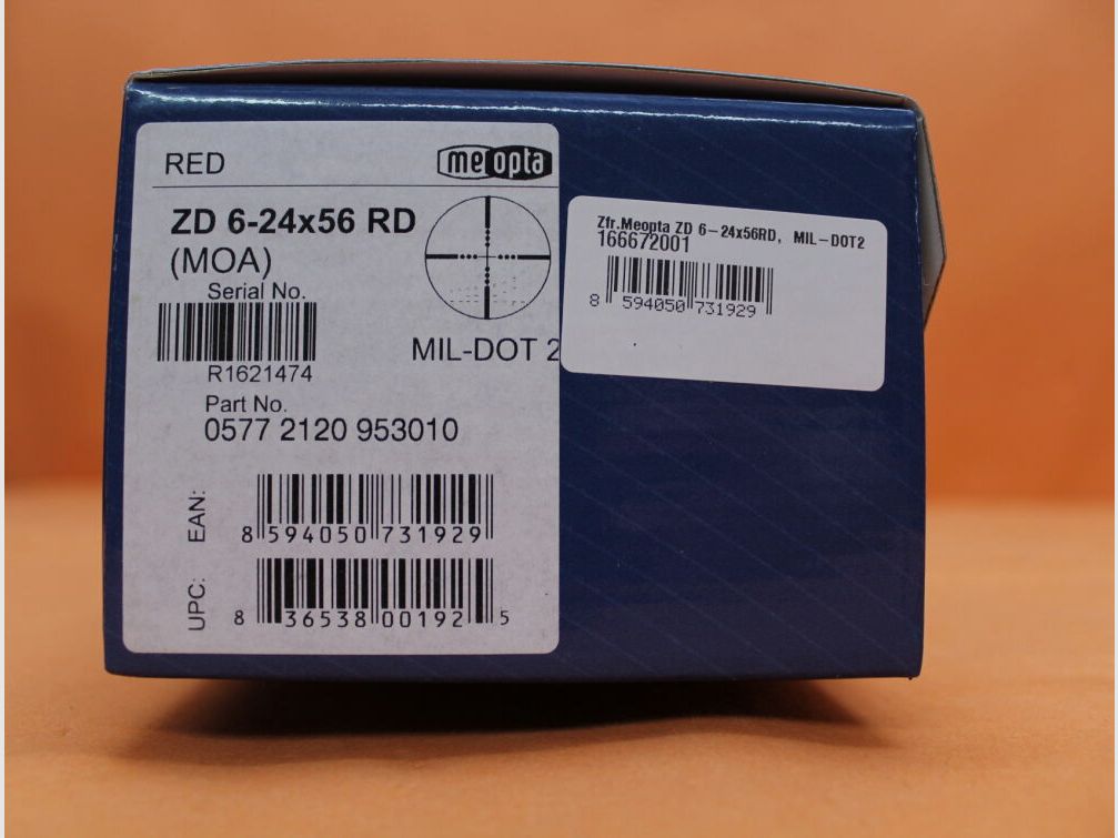 Meopta Meopta ZD lunette de tir 6-24x56 RD MOA MilDot2 réticule lumineux (2.BE) 1/4MOA Click, tube central de 30mm