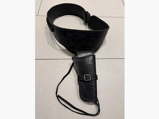 Holster en cuir western de haute qualité avec ceinture à cartouches – Noir, perforé
