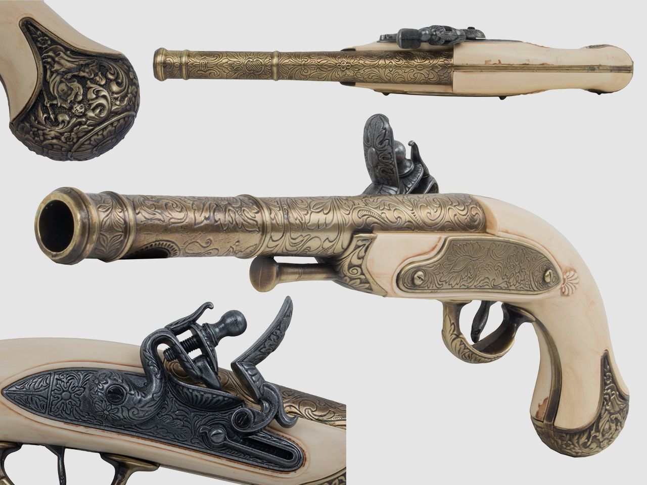 Deko Steinschlosspistole Queen Anne England 17 Jahrhundert 8 Zoll messing  grau Elfenbeinimitat