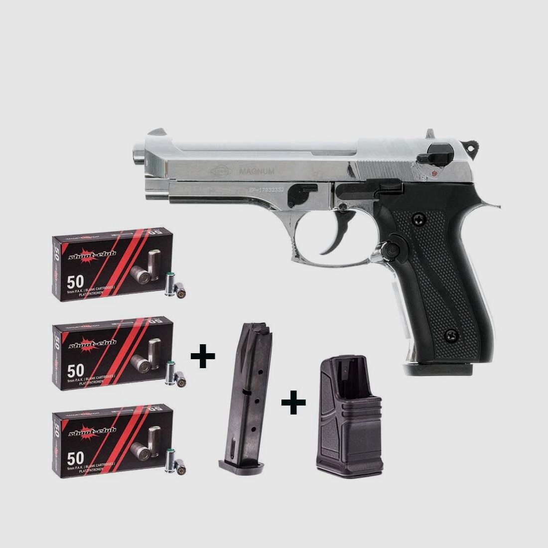 Set de cartouches GSG Firat Magnum nickelé 9 mm P.A.K. avec cartouches à blanc