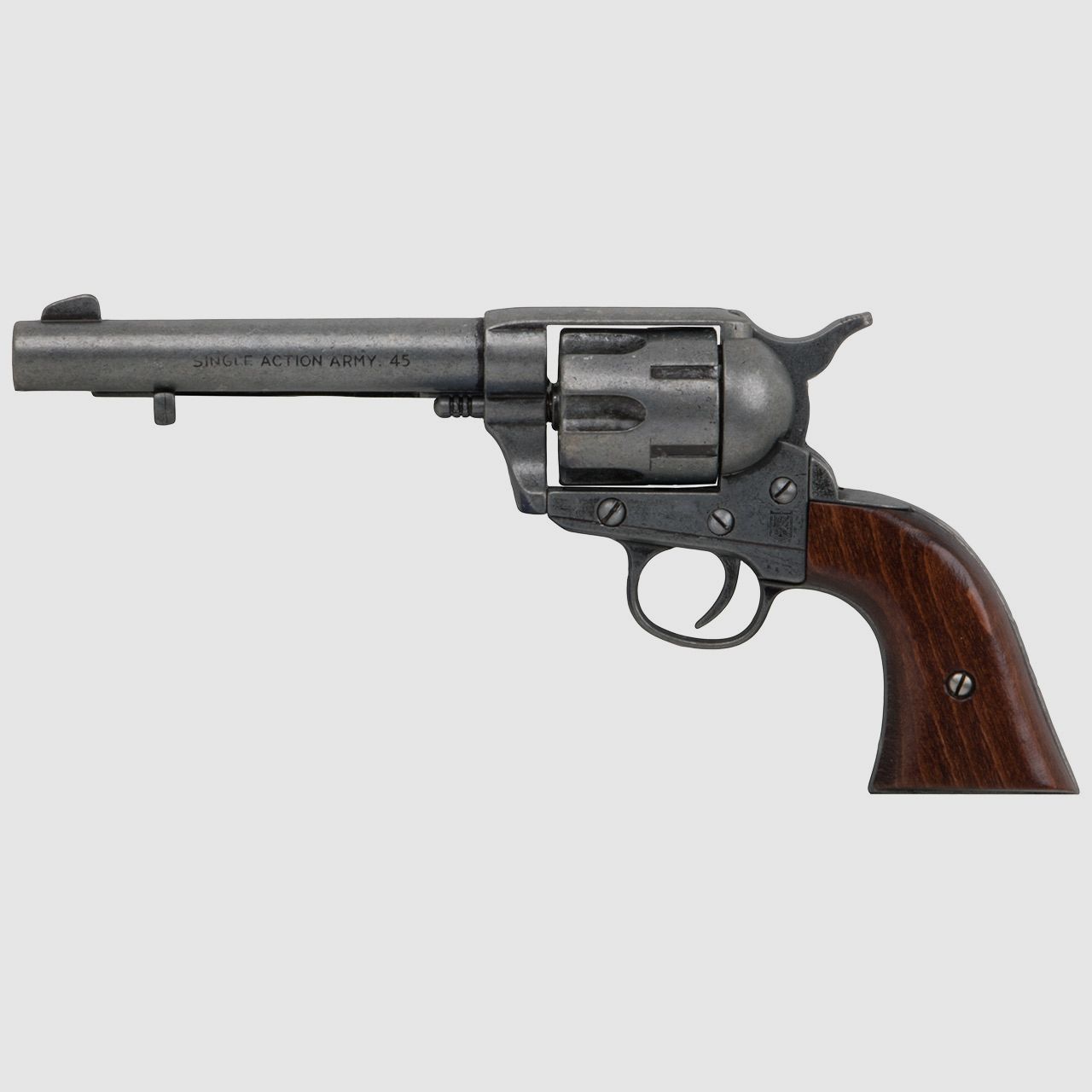 Deko Revolver Kolser Colt SAA .45 Peacemaker USA 1873 5,5 Zoll antik grau Griffschalen in Holzoptik