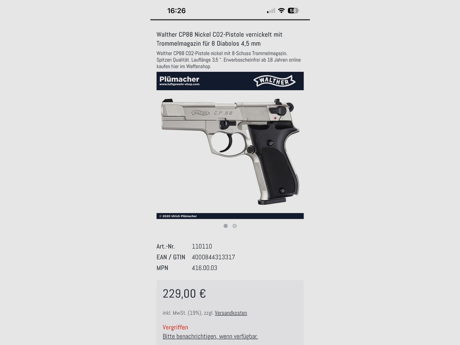 Walther CP88 Nickel-Finish, like new, CO2, air pistol