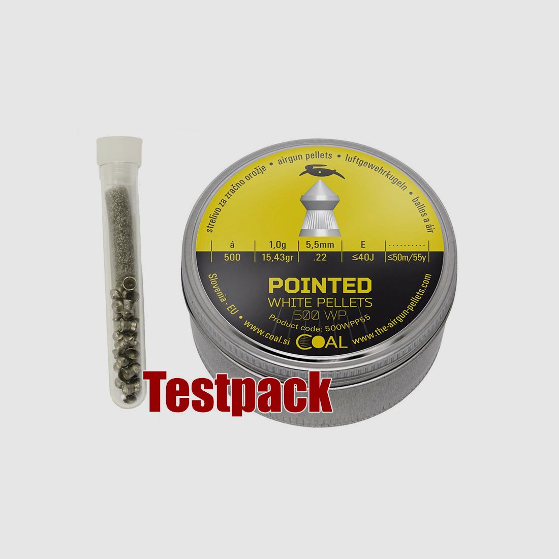 Testpack - Coal White Pellets Pointed Diabolo, Spitzkopf, geriffelt, 1,00 g, Kaliber 5,5 mm, 20 StĂĽck