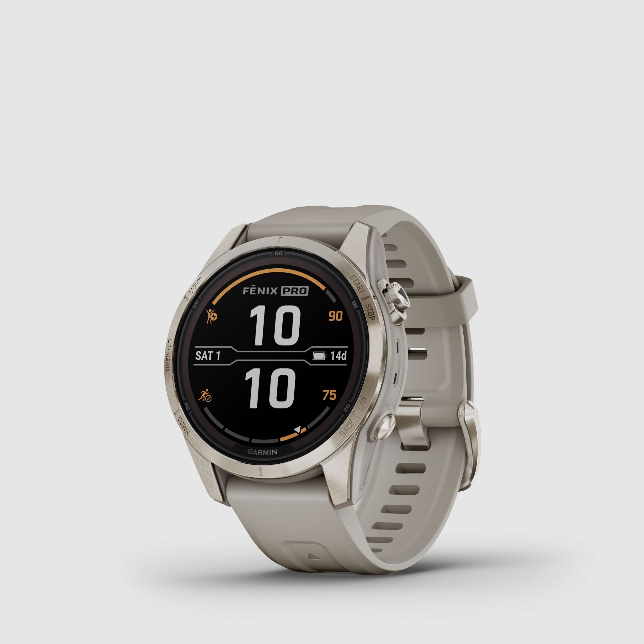 Garmin fēnix® 7S Pro – Sapphire Solar Edition, Beige/Oro chiaro con cinturino in silicone QuickFit® da 20 mm