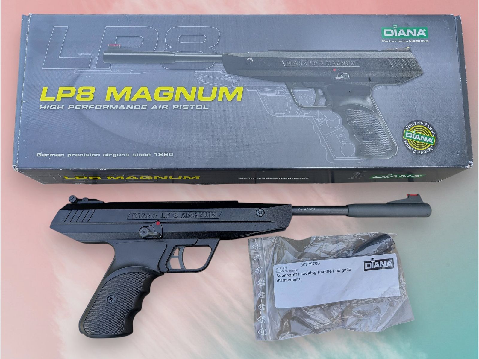 Pistola de aire comprimido de cañón basculante Diana LP8 Magnum 4,5mm Diabolo con ayuda de armado en embalaje original, estado excelente