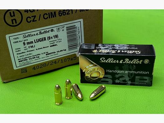 Sellier & Bellot (S&B) 9mm Luger FMJ 124grs - 259,-€ per 1000 Schuß! 
                Sellier & Bellot (S&B) 9mm Luger FMJ 124grs Bitte beachten Sie, dass sich bei einer Bestellung von über 1000 Schuss 9mmLuger Munition die Versandkostenpauschale von 50€ erhöhen wird. Erfragen Sie bitte vor Bestellung von über 1000 Schuss 9mm Munition die tatsächlichen Versandkosten. Abweichend von der Bestellzusammenfassung werden je 1000 Schuss 50,00€ Versandgebühren berechnet!Wir bitten Sie vor Bestellung die Verfügbarkeit dieses Artikels via Kontakt oder 040326020 anzufragen!