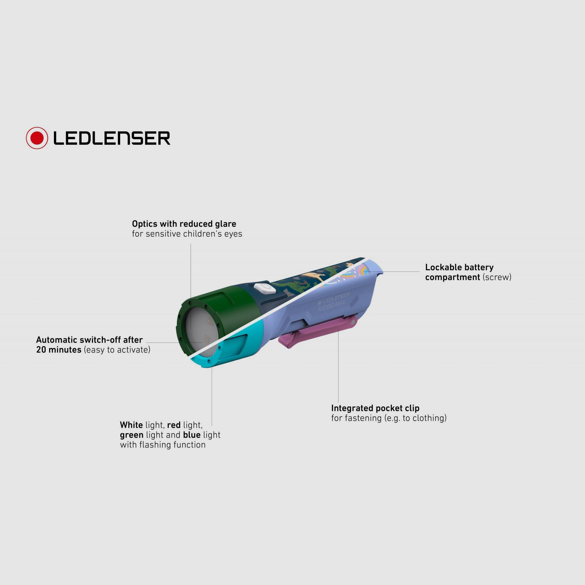 Ledlenser 502789 Kidbeam4 Taschenlampe Purple Weiß Rot Grün Blau mit Blinkfunktion