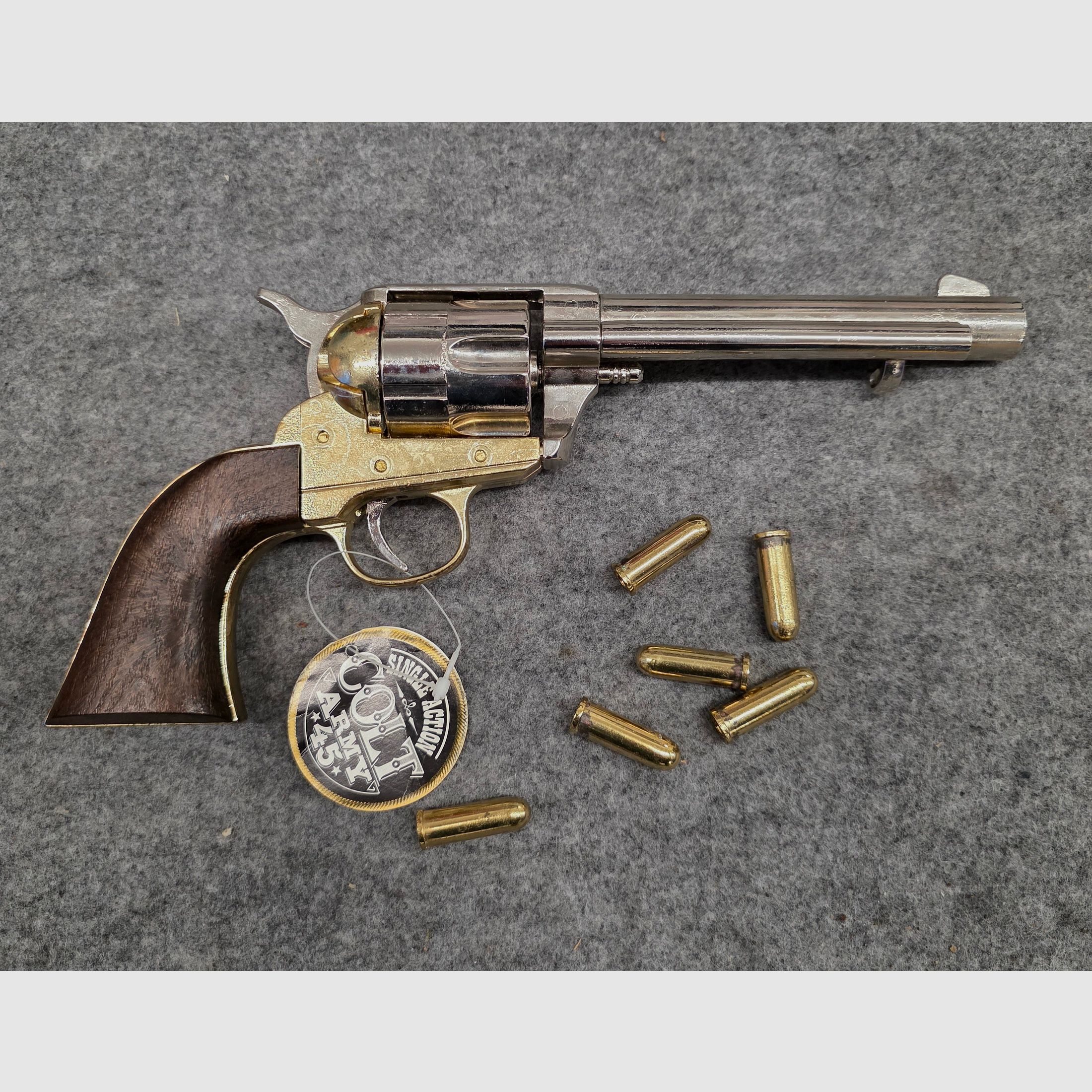 Replica Deko Revolver COLT SAA  Cal. .45 Peacemaker vernickelt  Silber Gold 