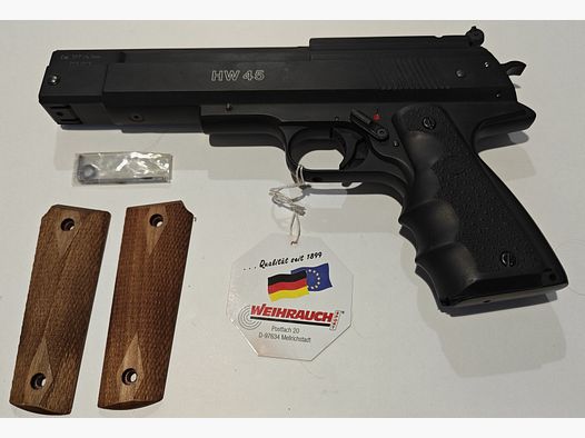 Weihrauch HW 45 Luftpistole Kal. 4,5 mm (.177) – F-Zeichen – inkl. Hogue-Griff, Holzgriffschalen, Koffer & Zubehör