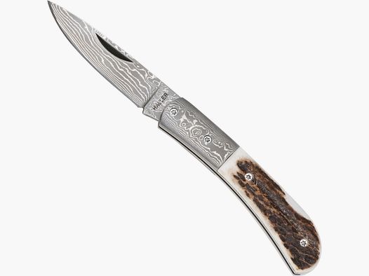 Damast-Taschenmesser Hirschhorn in Holz-Geschenk-Box §42a konform legal führen
