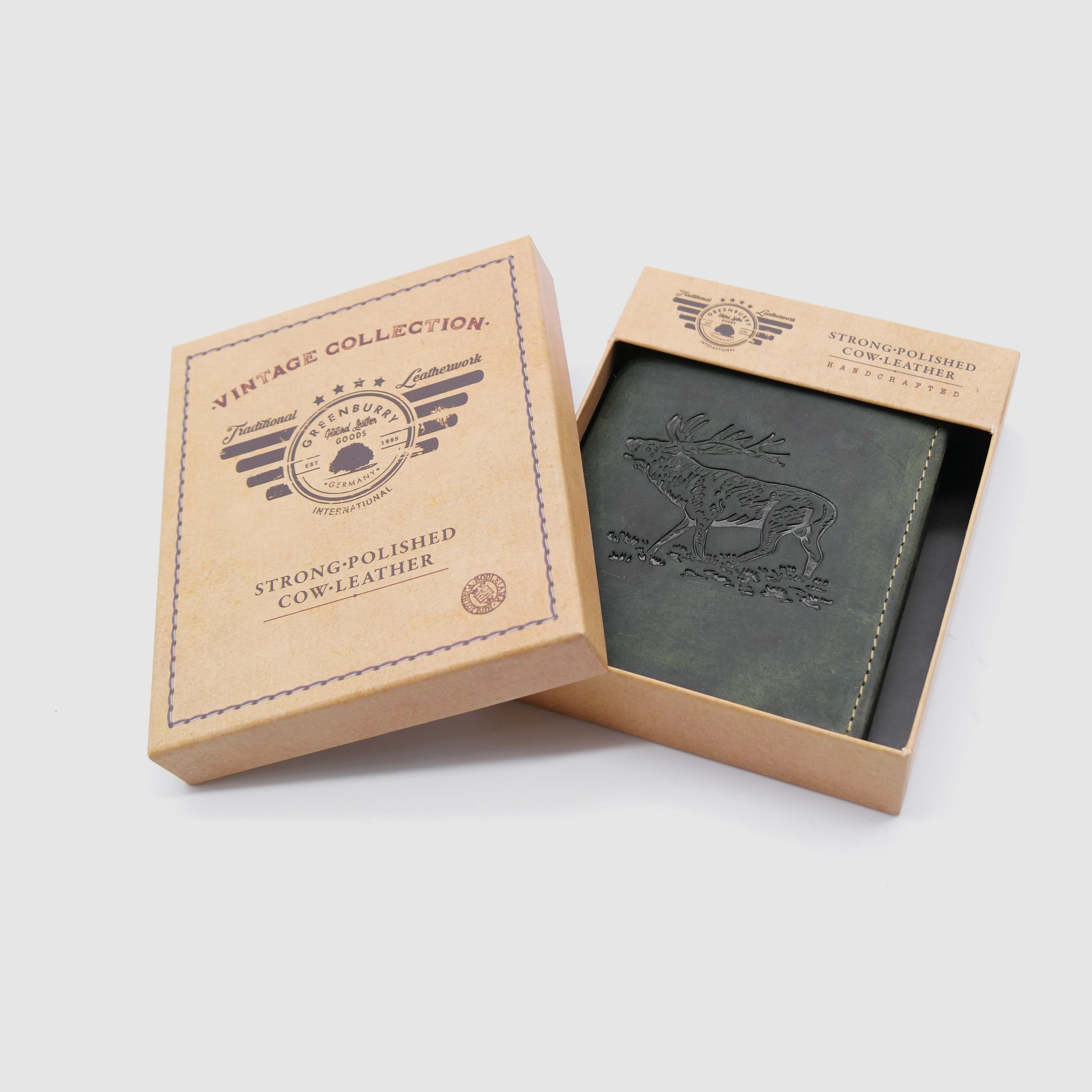 Greenburry leather wallet olive deer vintage animal 1701-stag-30