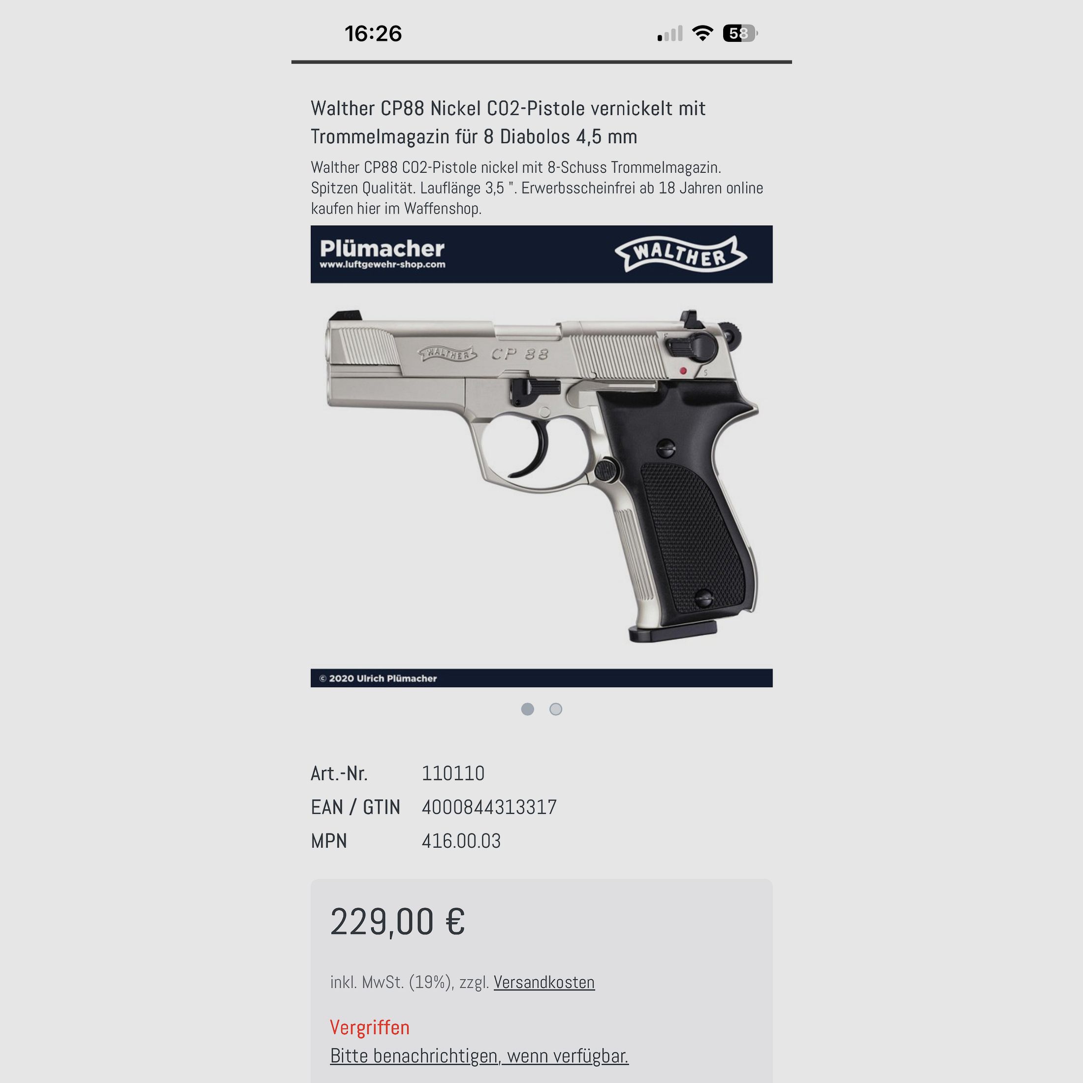 Walther CP88 Nickel-Finish, like new, CO2, air pistol