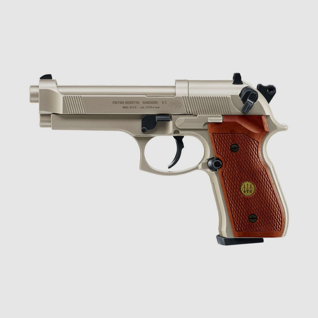 Beretta M 92 FS 4,5 mm nichel con impugnature in legno pistola ad aria