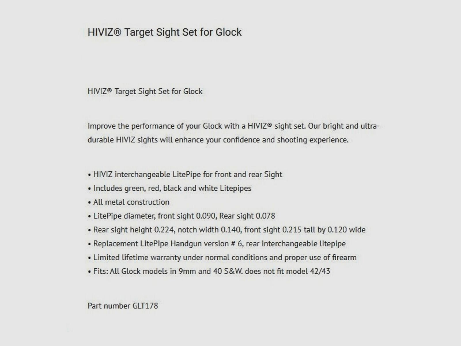 Hiviz HIVIZ Sight Set Target Fiber Glock 9mmLuger/.357SIG/.40S&W