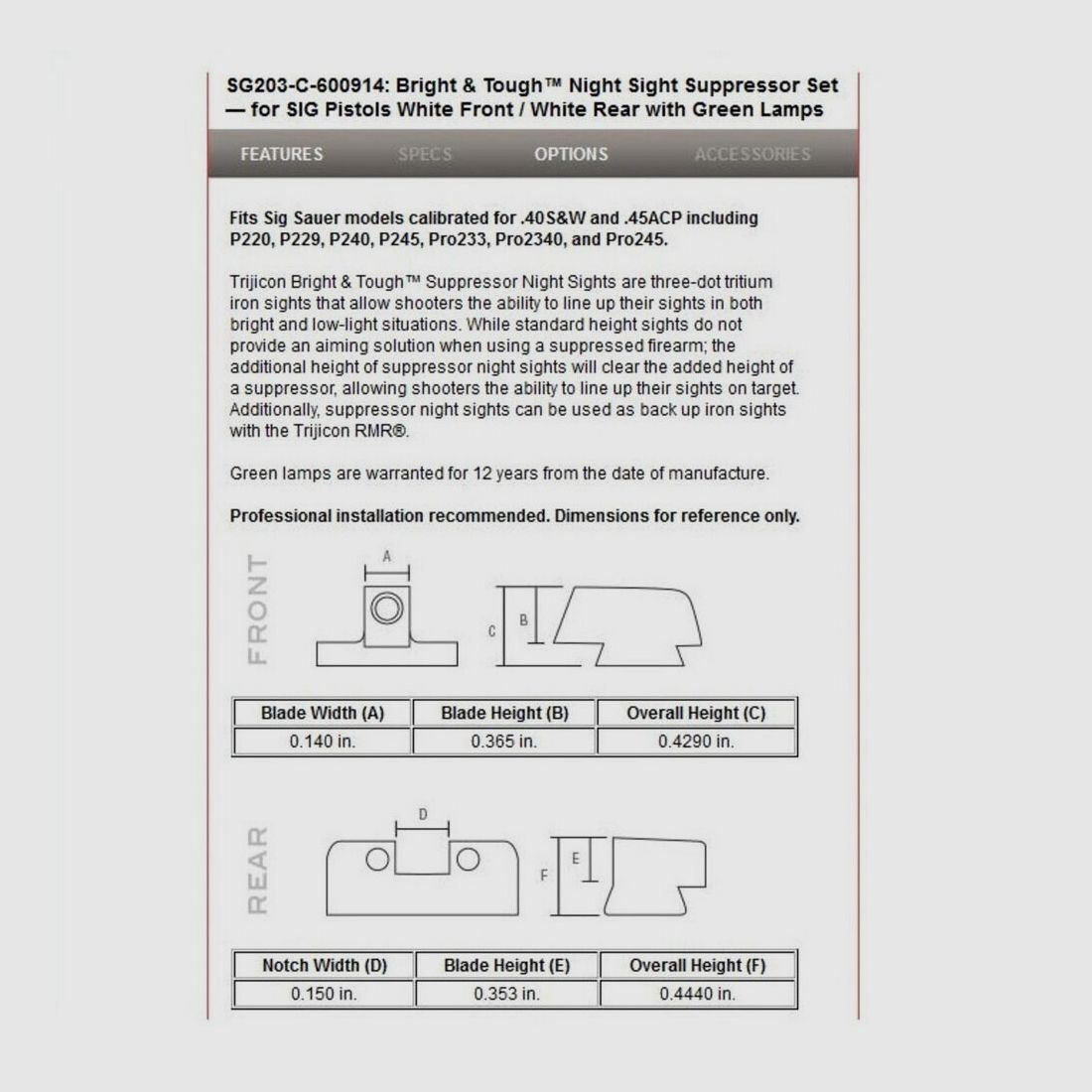 Trijicon N-Vista B&T Verde SIG P220+Pro Supp .40S&W/.45Auto